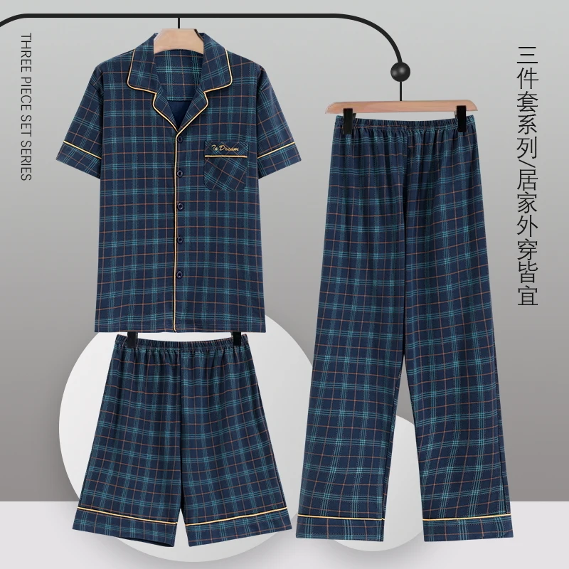 Cardigan Plaid Tops+Shorts+Long Pants 3 Piece Set Men Pajamas Sets Soft Cotton Nightwear Summer Pyjamas Male Sleepwear Pijamas