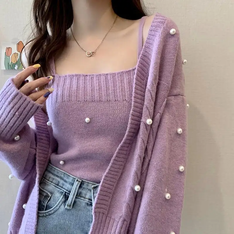 Korean Long Sleeve Cardigan Sweater Suspenders Camis Solid Two-piece Set Pearl Top Casual Knitted Jacket Rib Chompas Para Mujer