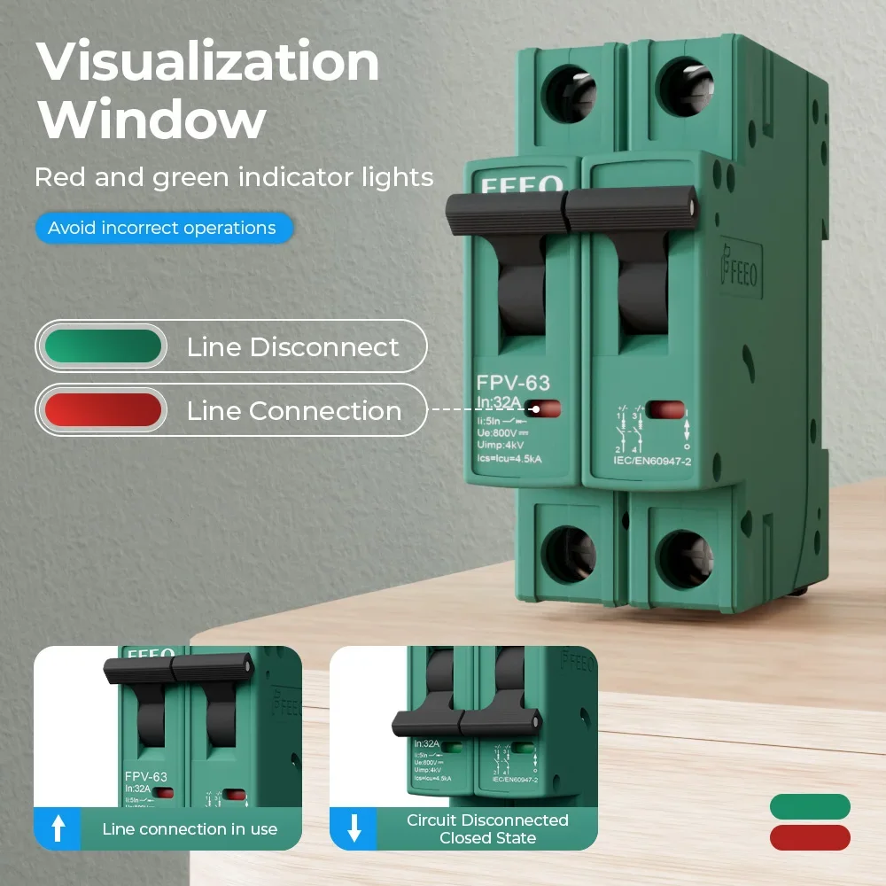 FEEO New FPV-63 2P DC Breaker On Din Rail Electric Circuit Breaker Switch 550/ 800V MCB for Solar Protection PV CE Certification