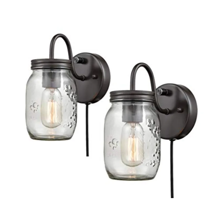 Vintage Mason Jar Light Fixture Clear Glass 2-Pack Wall Lights Oil Rubbed Bronze