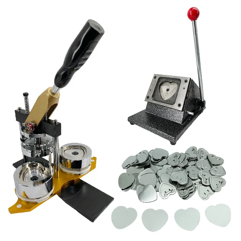 

Best Price 57.5x53mm Heart Shape Rotary Metal Badge Making Machine with Metal Back Button Material 100 Sets