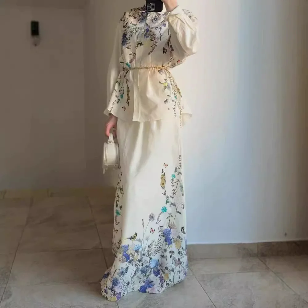 

New fashion printed dress suit Muslim women's two-piece long sleeve shirt Abaya Dubai Türkiye suit Arab casual sportswear