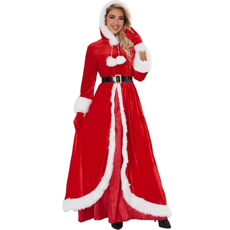 

Women Christmas New Year Party Velvet Christmases Dress Clothing Santa Claus Cosplay Red Hat Fancy Long Dresses