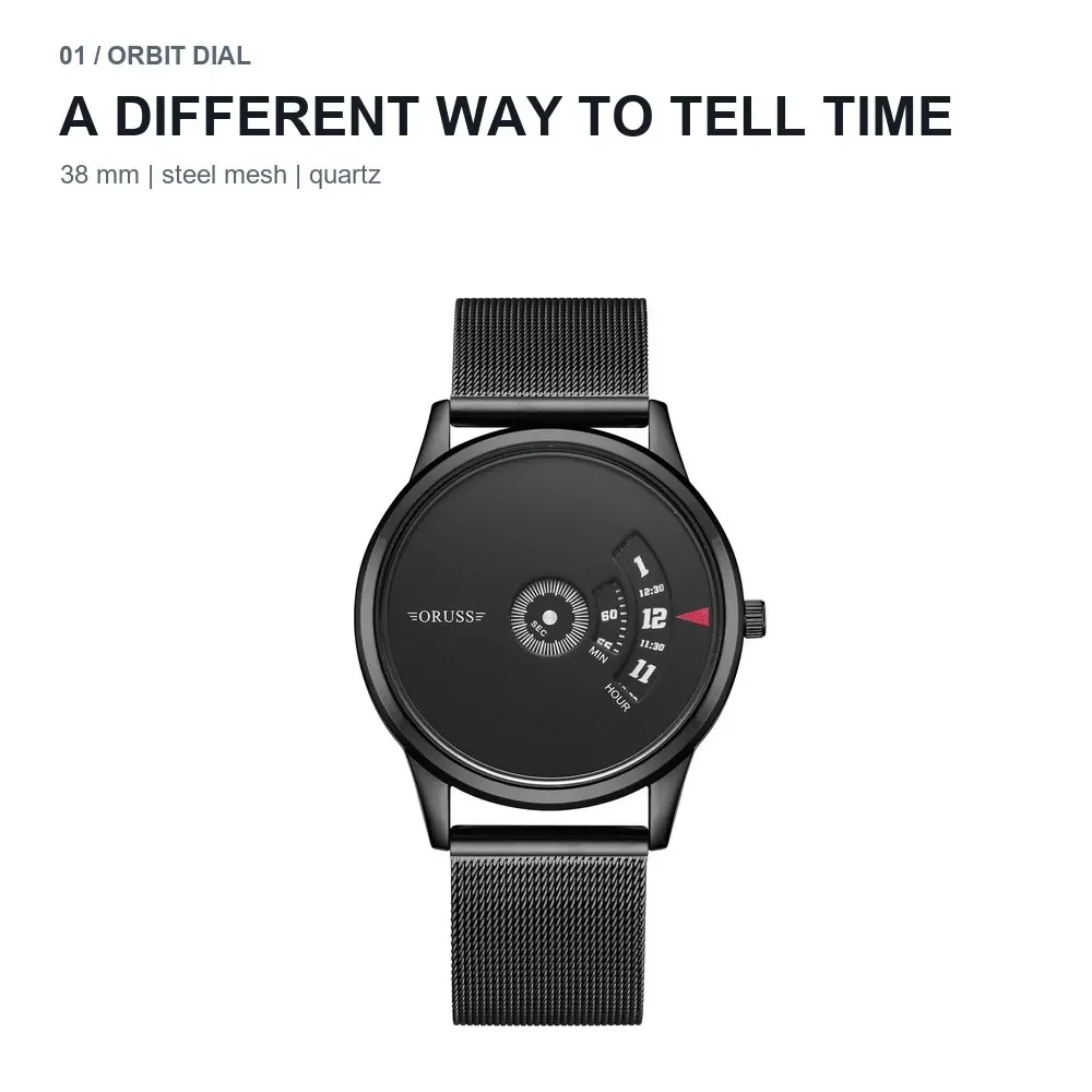 Men's Modern Dress Watch, 38mm Round Alloy Case, Mineral Glass, Black Steel Mesh Strap, Artistic Disc Dial, Business Style