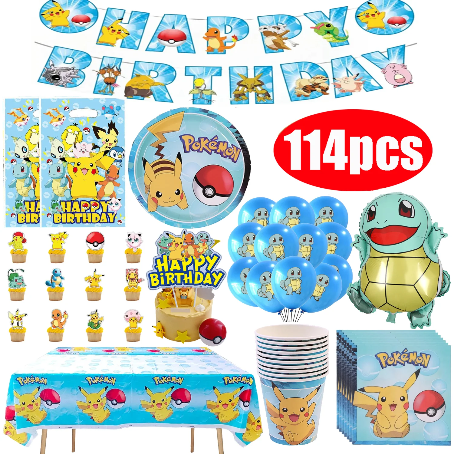 Balony foliowe Pokemon na przyjęcie urodzinowe, dekoracje, artykuły dla dzieci, jednorazowa zastawa stołowa, kubki, talerze, serwetki.