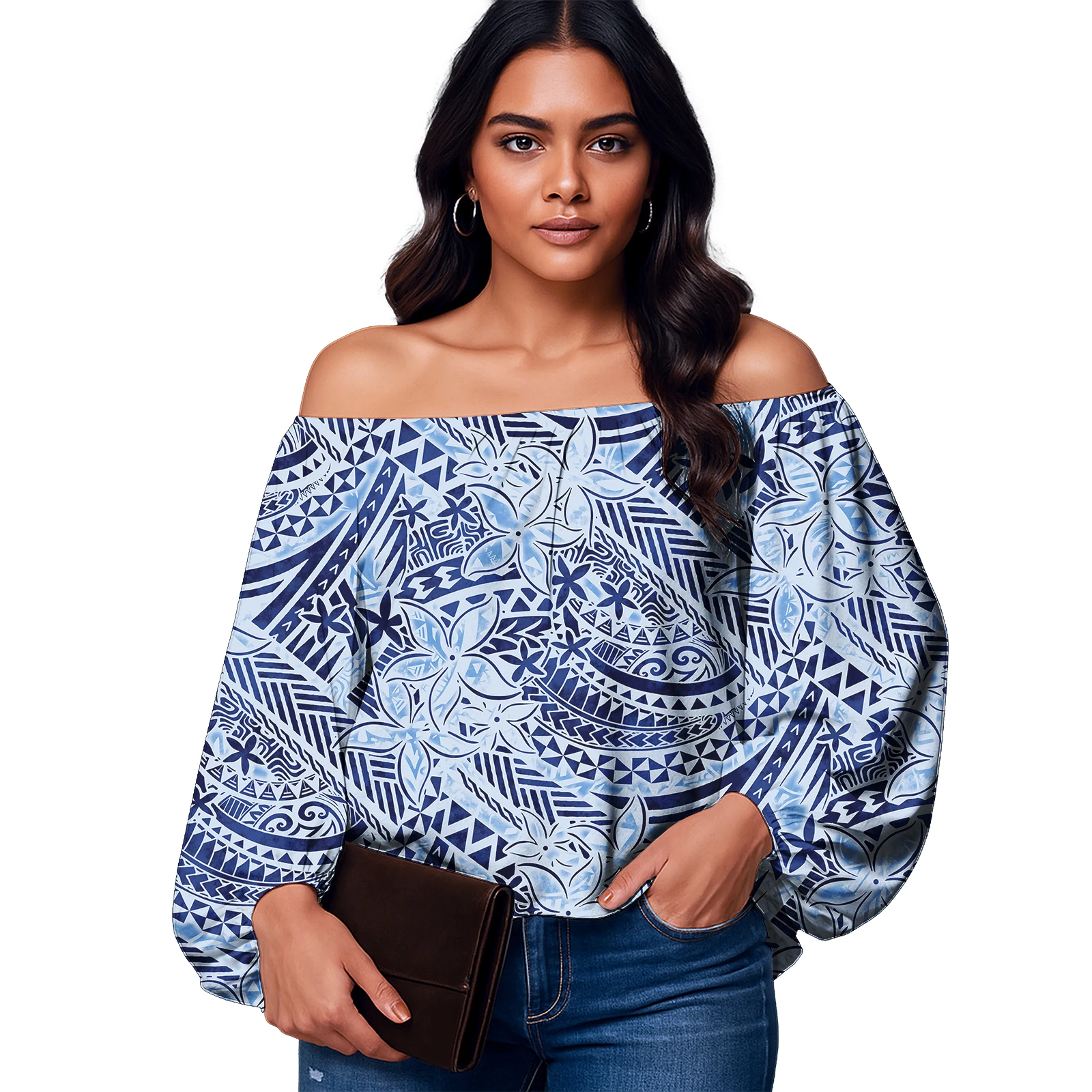 เสื้อผ้าผู้หญิงลายดอกไม้ฮาวายคุณภาพสูง ออกแบบลำลองสไตล์ซามัว แขนพองแบบโพลินีเซียน เสื้อผู้หญิง