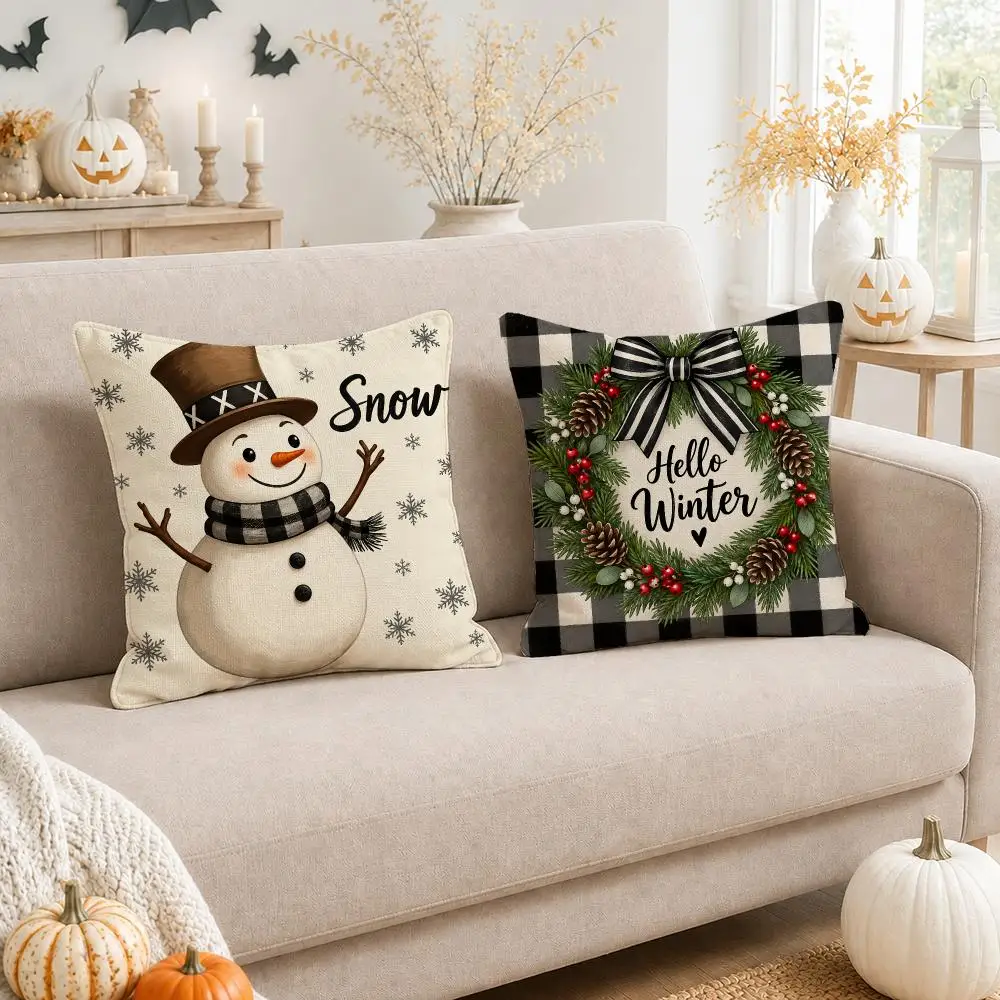 Winter Snowman Gloves Reindeer Tree Cushion Cover Linen Double-Sided Printed Pillow Case for Sofa Couch Bedroom Living Room