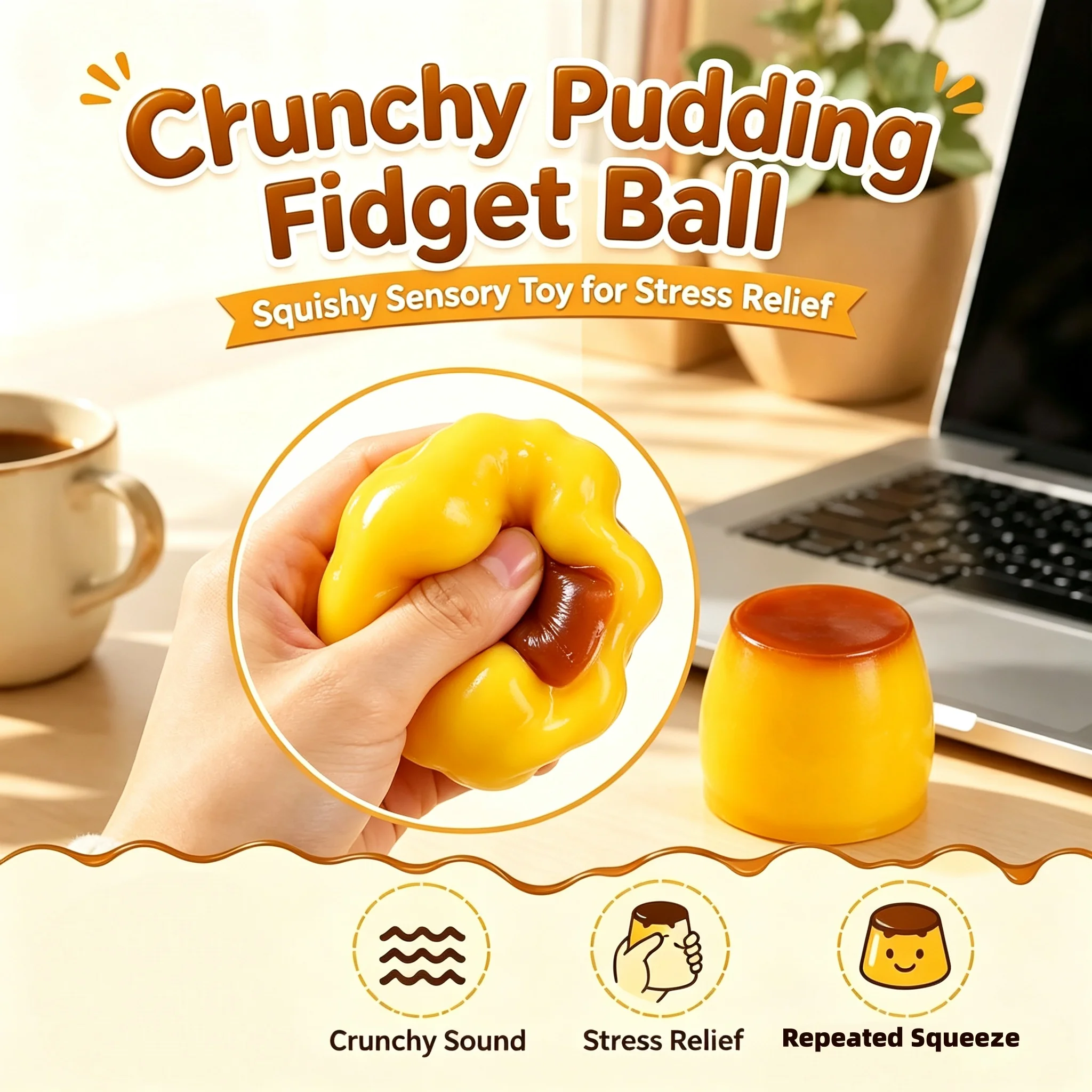 Caramel Pudding Soft Squishy Squeeze Toy, ASMR Sensory Fidget Stress Relief Ball Adult Anti Pressure Desk Decor Novelty Gift