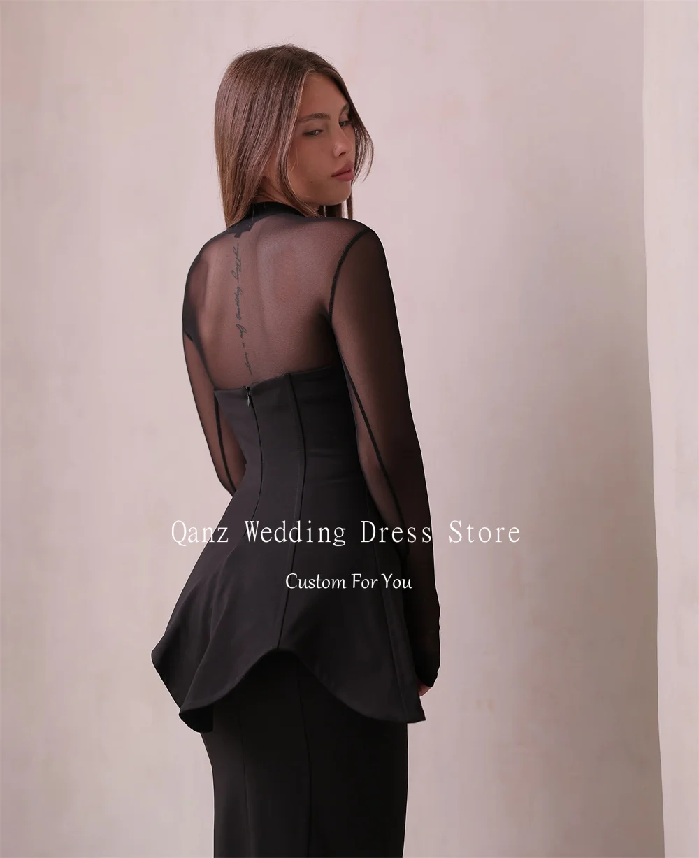 Qanz 블랙 3 피스 세트 이브닝 드레스 인어 쉬어 긴 소매 Vestidos De Fiesta Elegantes O 넥 파티 가운 맞춤형