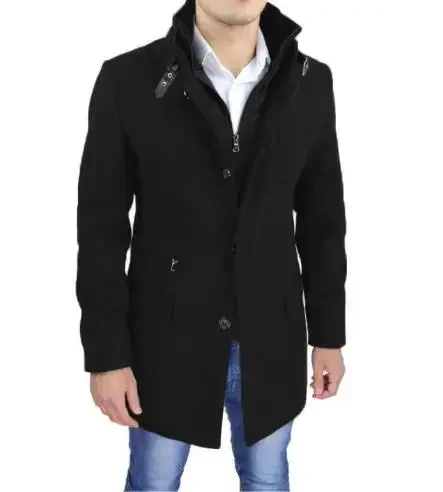 Pop 2024 Autumn And Winter New Product. Men's Large-size Zippered Faux Two-piece Woolen Overcoat From Japan And South Korea.