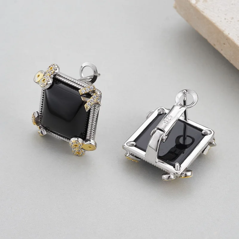 S925 Sterling Silver Charms Clips Earrings for Women Contrast Pattern Inlaid Agate Zircon  Ear Clips Fashion Jewelry Wholesale