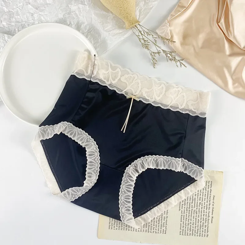 Fashion French Style Women Underpants Female Panties Luxury Lingerie Lace High Waist Underwear Briefs Ice Silk Sexy Knickers