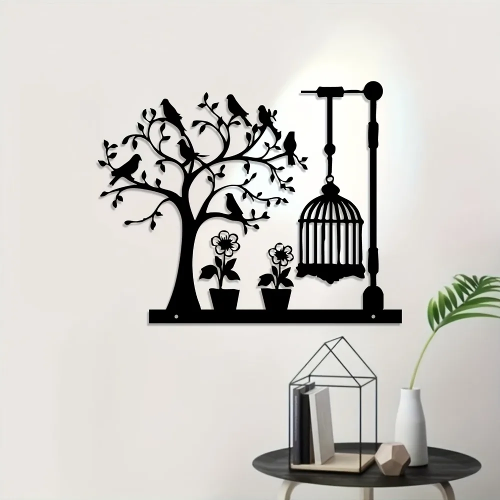 CIFBUY Metal Wall Art Wrought Iron Tree Bird Cage Decor Rustic Vintage Nature Lover Garden Patio Fence Ornament Outdoor Hanging