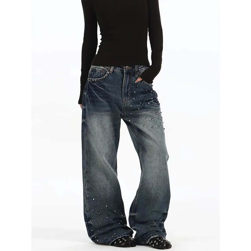 Y2K Rhinestone Studded Wide Leg Jeans Women American Retro Baggy Washed Blue Denim Pants Casual High Street Fashion Trousers