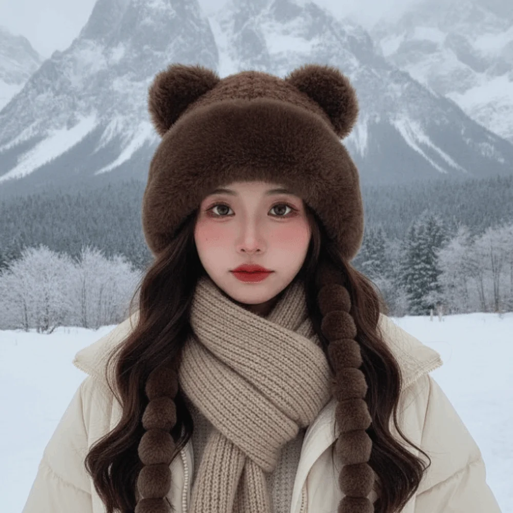 Fleece Lined Pompom Braids Hat Fur Brim Soft Yarn Fleece Knit Beanie Striped Knit Thermal Earflap Winter Cap Ladies