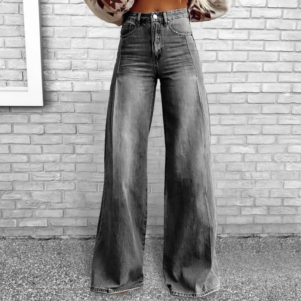 Women Wide Leg Pants High Waist 3D Print Casual Trousers with Pockets Button Zipper Closure Denim Pants