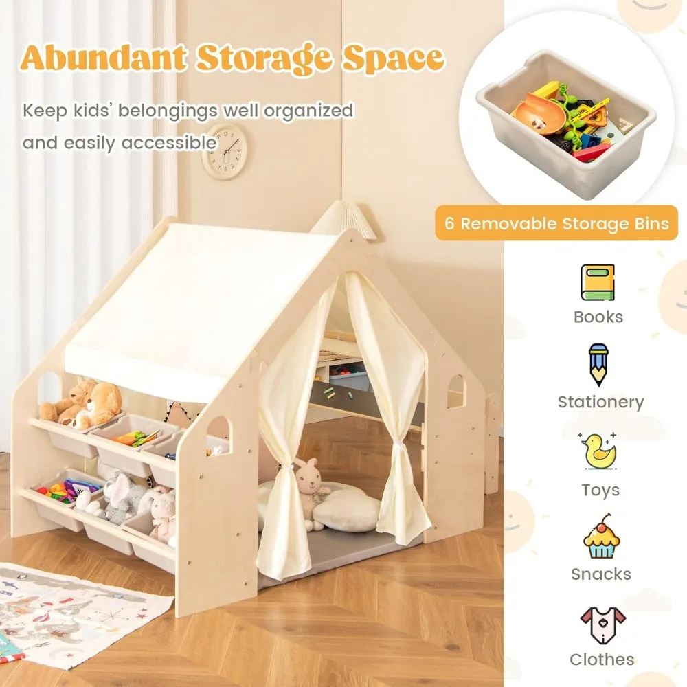 Large Kids Tent, 6-in-1 Wooden Frame Play House with Table and Chair Set, Blackboard, 6 Storage Bins & Soft Floor Mat, I