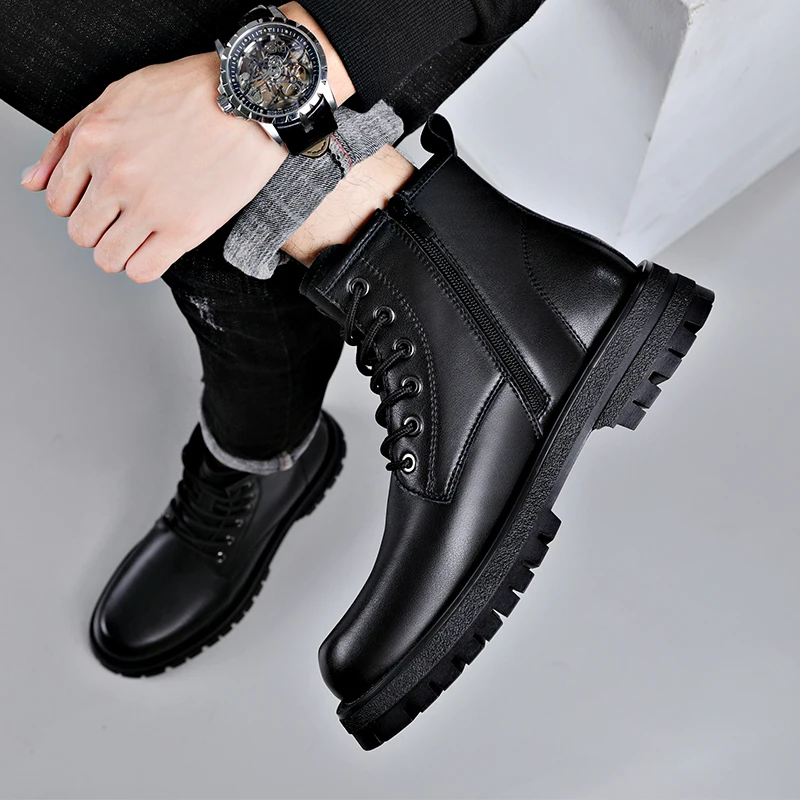 men boots black tide casual shoes business office formal dress cowboy genuine leather boot handsome platform ankle botas hombre image 3