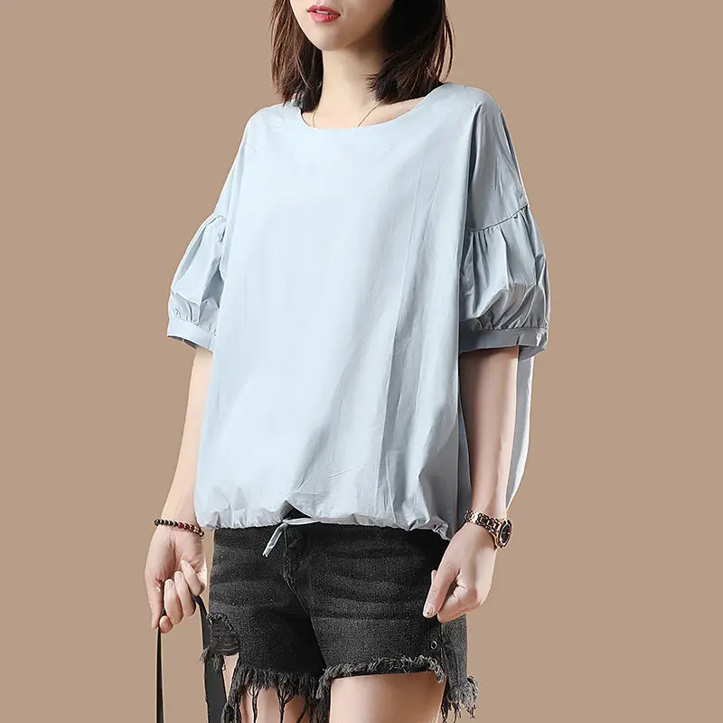 Women Summer Simplicity Loose Elegant Lacing Solid Color O-neck Short Sleeve T-Shirt Women Clothes Casual Appear Thin Trend Tops