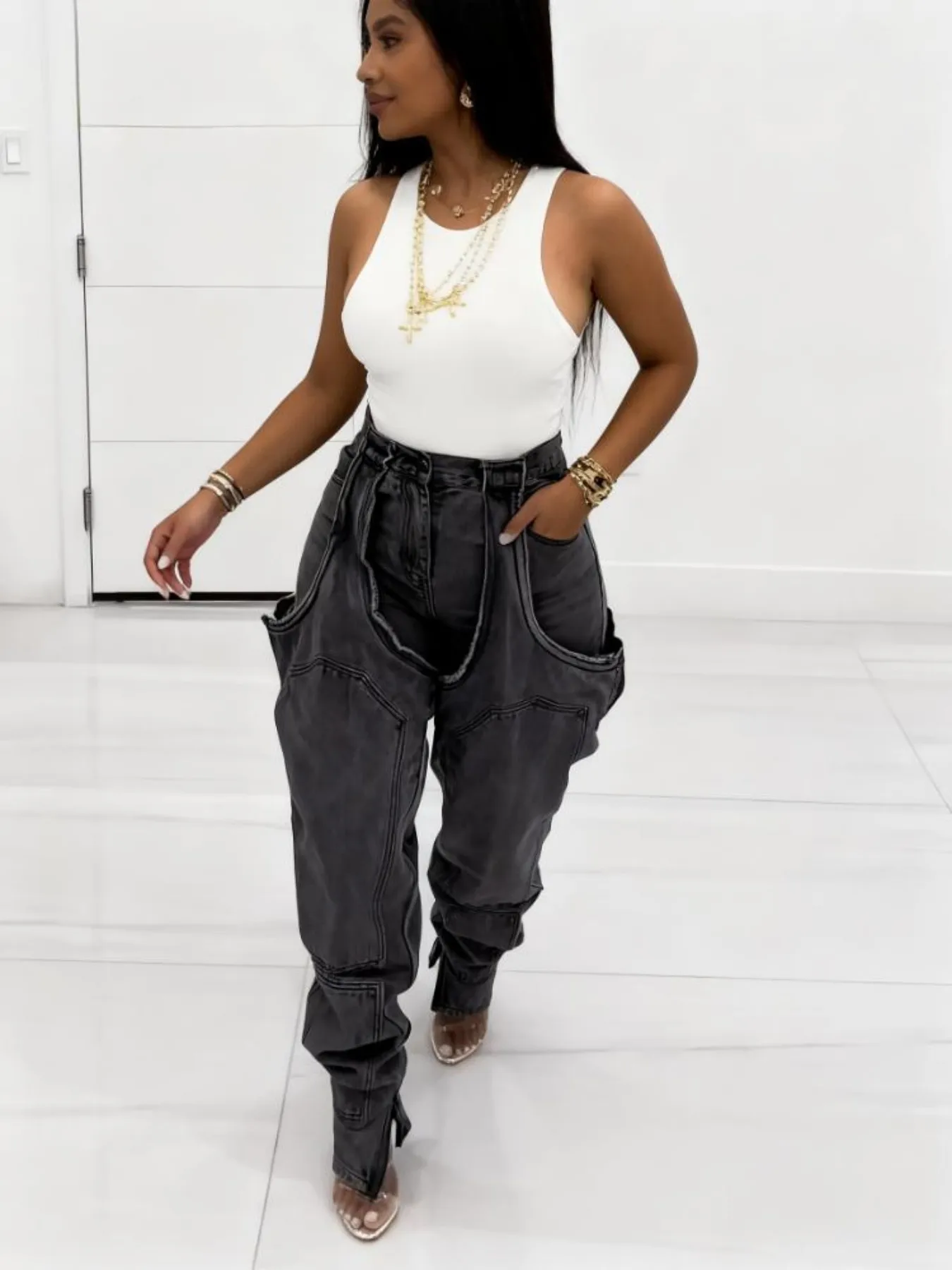 Luźne jeansy damskie w stylu Y2K z wycięciami, spodnie patchworkowe z wysokim stanem i elastycznym, streetwearowym stylem.