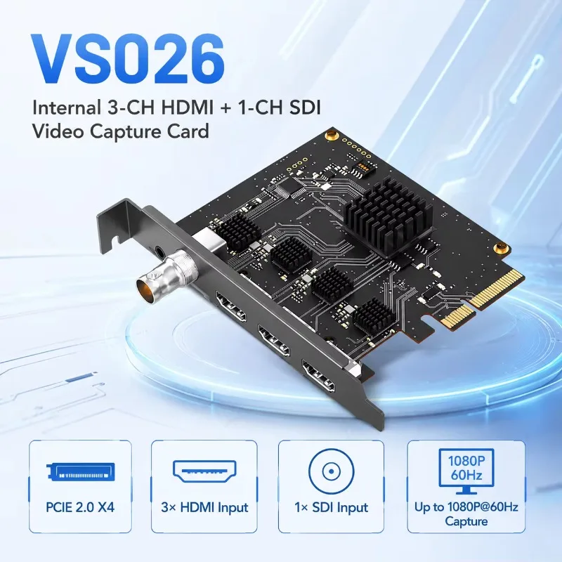 PCIe X4 3HDMI+1SDI Capture Card 1080P60 for SDI with 3.5mm Line-in Audio YUY2 Multi Mode Internal Laptop Camera MP4 Support