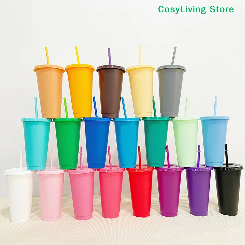Reusable With Straws Lid Cold Drink Tumbler Flash Powder Water Bottle Plastic Drinkware Tumblers Straw Drinking Cup