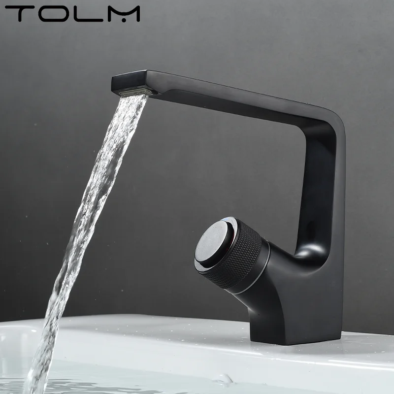 TOLM Brass Push Button Faucet Black Bathroom Cold Hot Mixer Chrome Wash Basin Faucet Deck Mount New Fashion Design Rotary