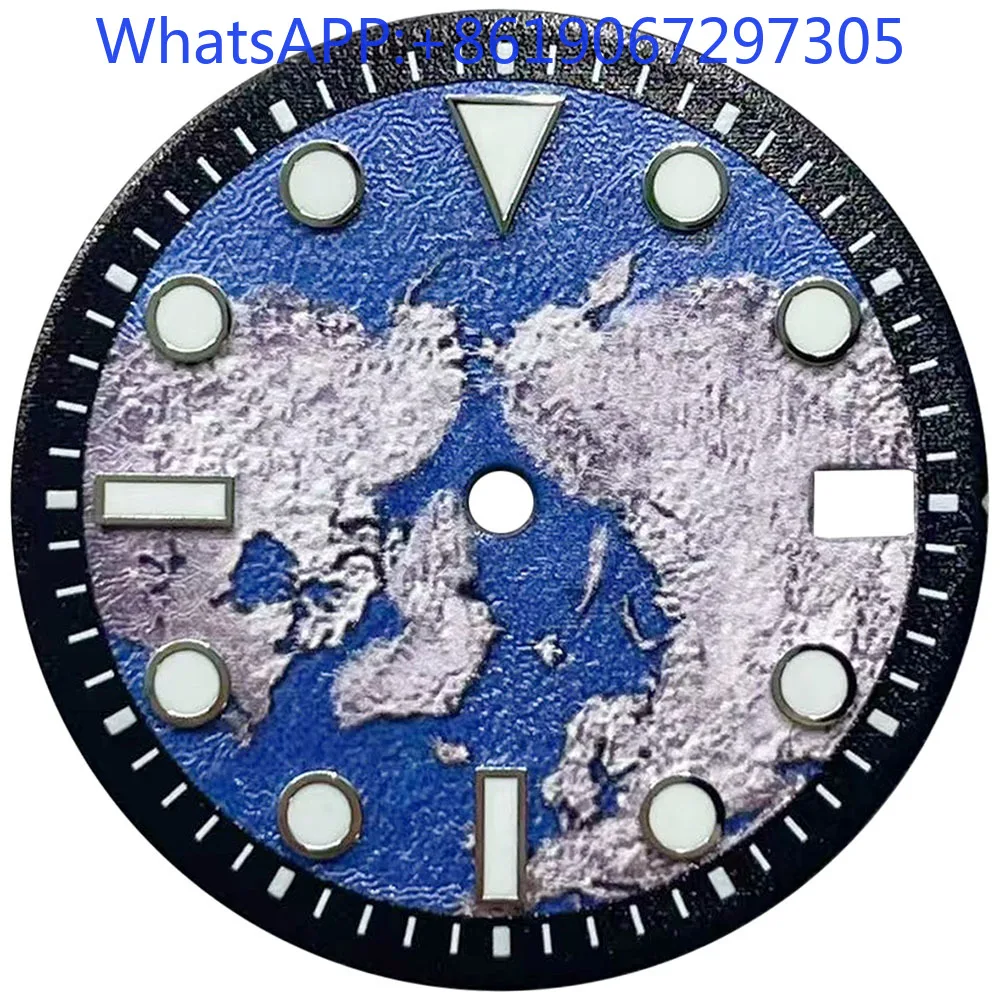 2025  Convex World Map Arabic GMT Watch Dial Suitable for NH35/36/34 Automatic Movement Green lume Creative nh35 case Mod Parts