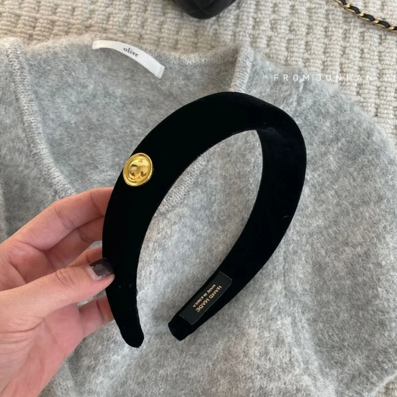 Korean Style Black with Golden Buckle Velvet Headband High-Grade Head Band to Make round Face Thin-Looked Retro Hair Accessories