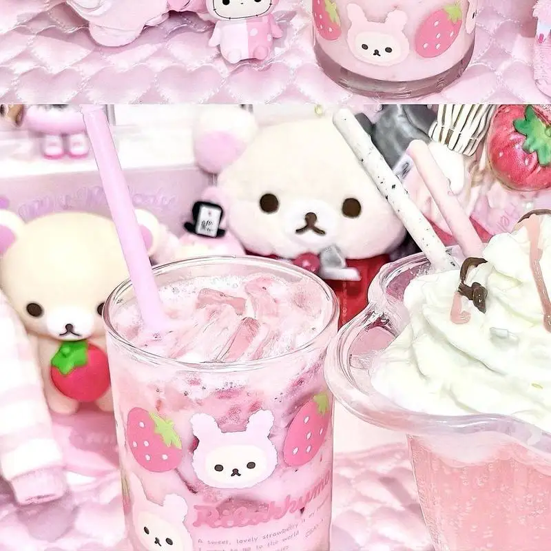 Rilakkuma Glass Cup Cute Cartoon Strawberry Transparent Drinking Cup For Coffee Milk Juice Daily Home Use For Adults view 4