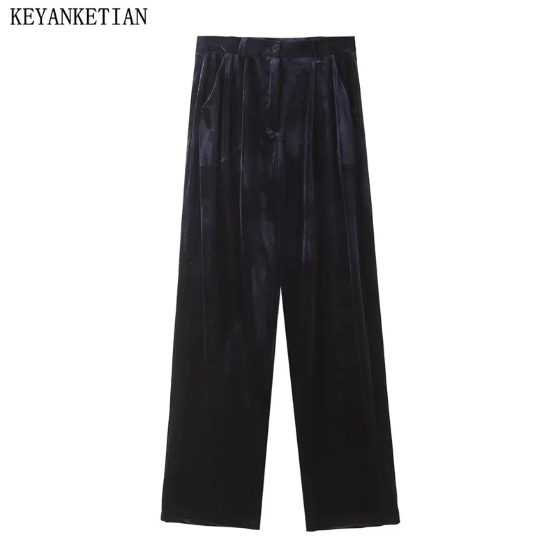 

KEYANKETIAN Winter New Women's Navy blue Velvet Slacks Fashion Simply Zipper High waist Pleated Wide leg Pants Female Trousers