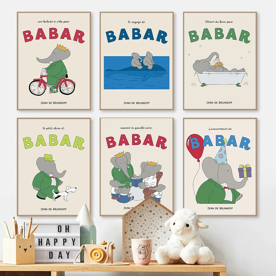 Famous Cute Cartoon Elephant Babar Family Posters Babar the Elephant Bicycle Prints Canvas Wall Pictures Home Room Nursery Decor