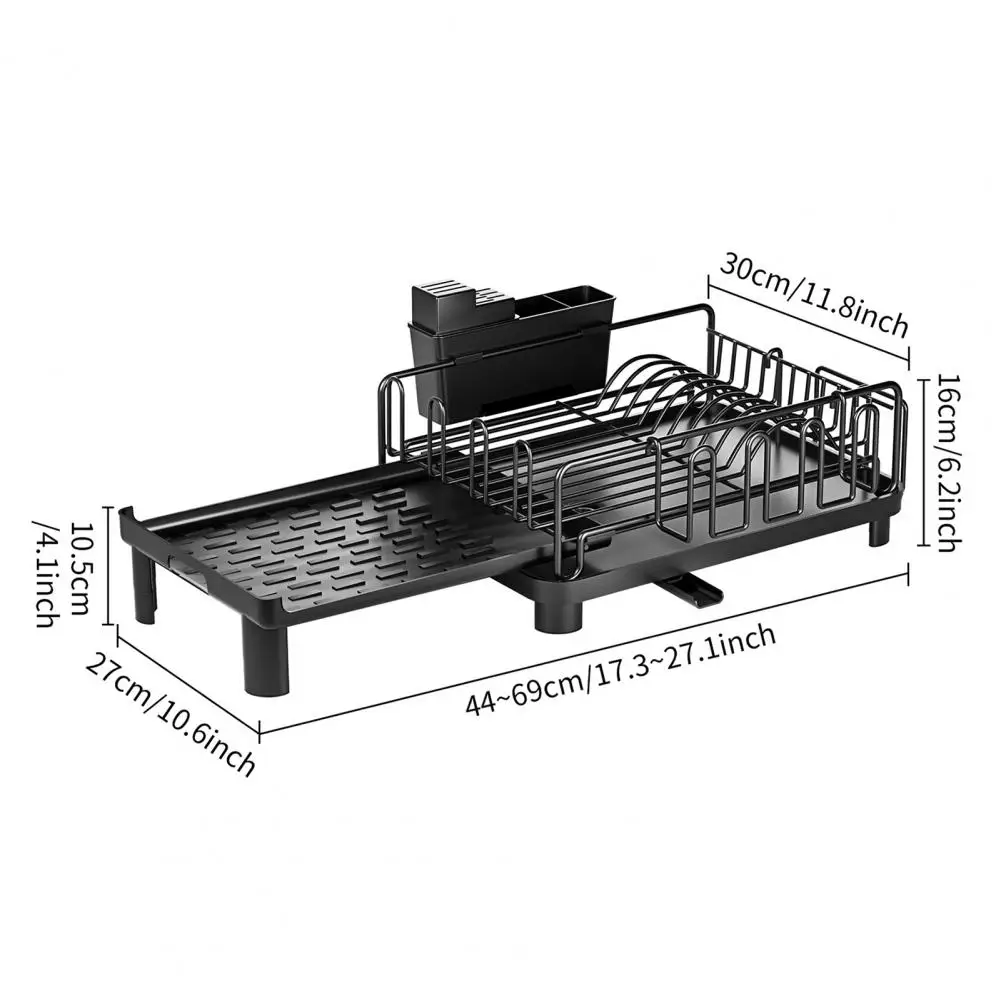 Carbon Steel Dish Drying Rack Adjustable Kitchen Plates Organizer With Drainboard Over Sink Countertop Cutlery Storage Holder ﻿