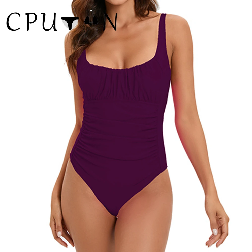 CPUTAN Sexy Ruched Tummy Control Swimwear One Piece Swimsuit 2024 Push Up Women Vintage Solid Bathing Suit Beachwear Monokini