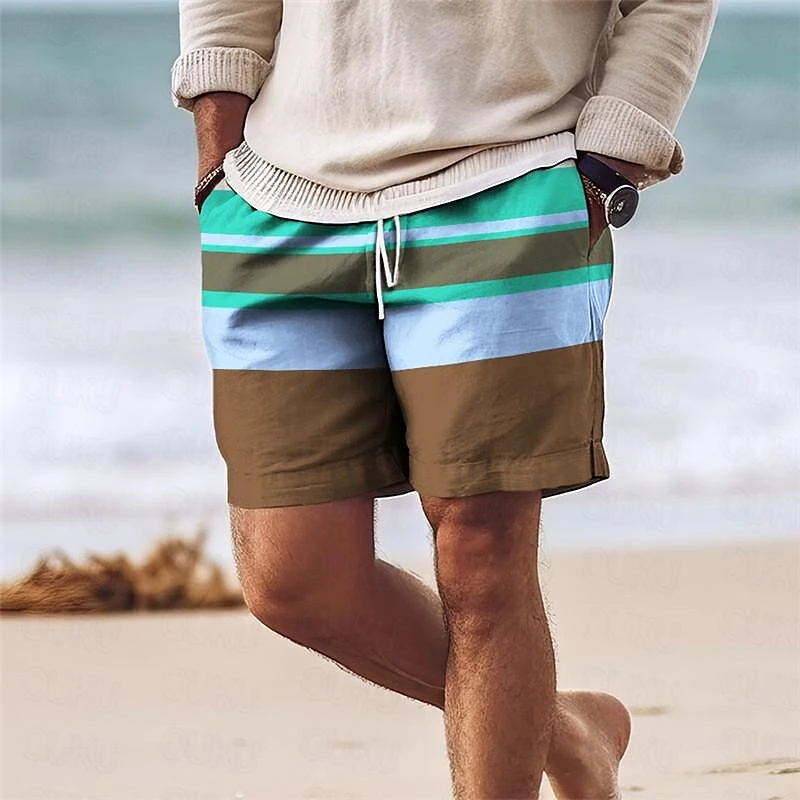 Stripe Colorful 3D Printed Short Pants For Men Clothes Color Splicing Beach Shorts Harajuku Fashion Vacation  Hawaiian Bermudas