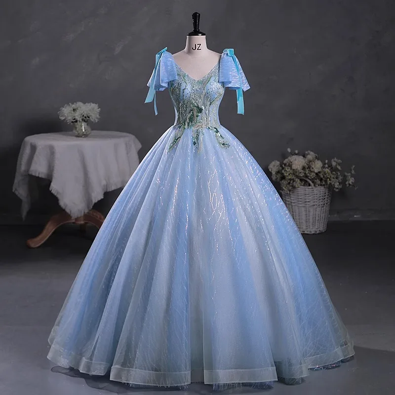 

2025 New Sky Blue Sweet Temperament Student Vocal Art Exam Performance Pong Dress Annual Meeting Host Evening Dress Female