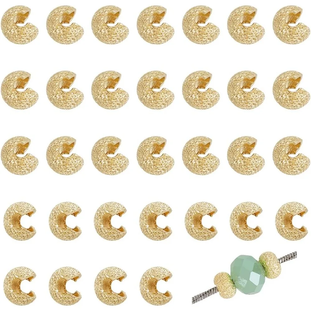 100Pcs 14K Frosted Brass Gland Beads 0.21x0.14Inch Crimp Bead Knot Covers Metal Half Round Open Crimp Beads for Jewelry Craft