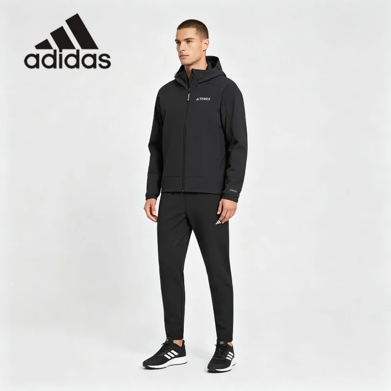 Classic Three Stripes Adidas Male Sport Suit Slim Fit Hood Wind Jacket Cuffed Joggers Outdoor Training One Set JE8282 + KC6980