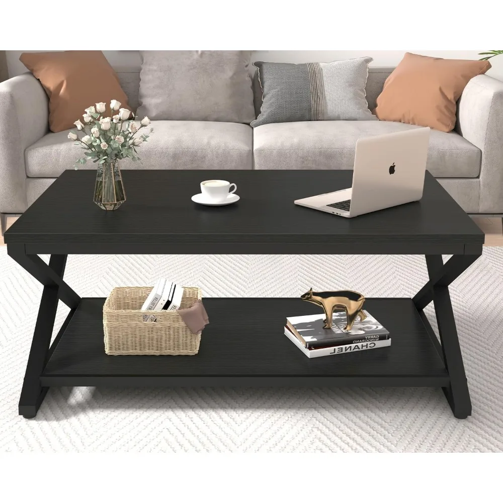 Black Coffee Table with Storage Shelf, Modern Metal Wood Living Room Table, Simple 2 Tier Rectangle Center Table