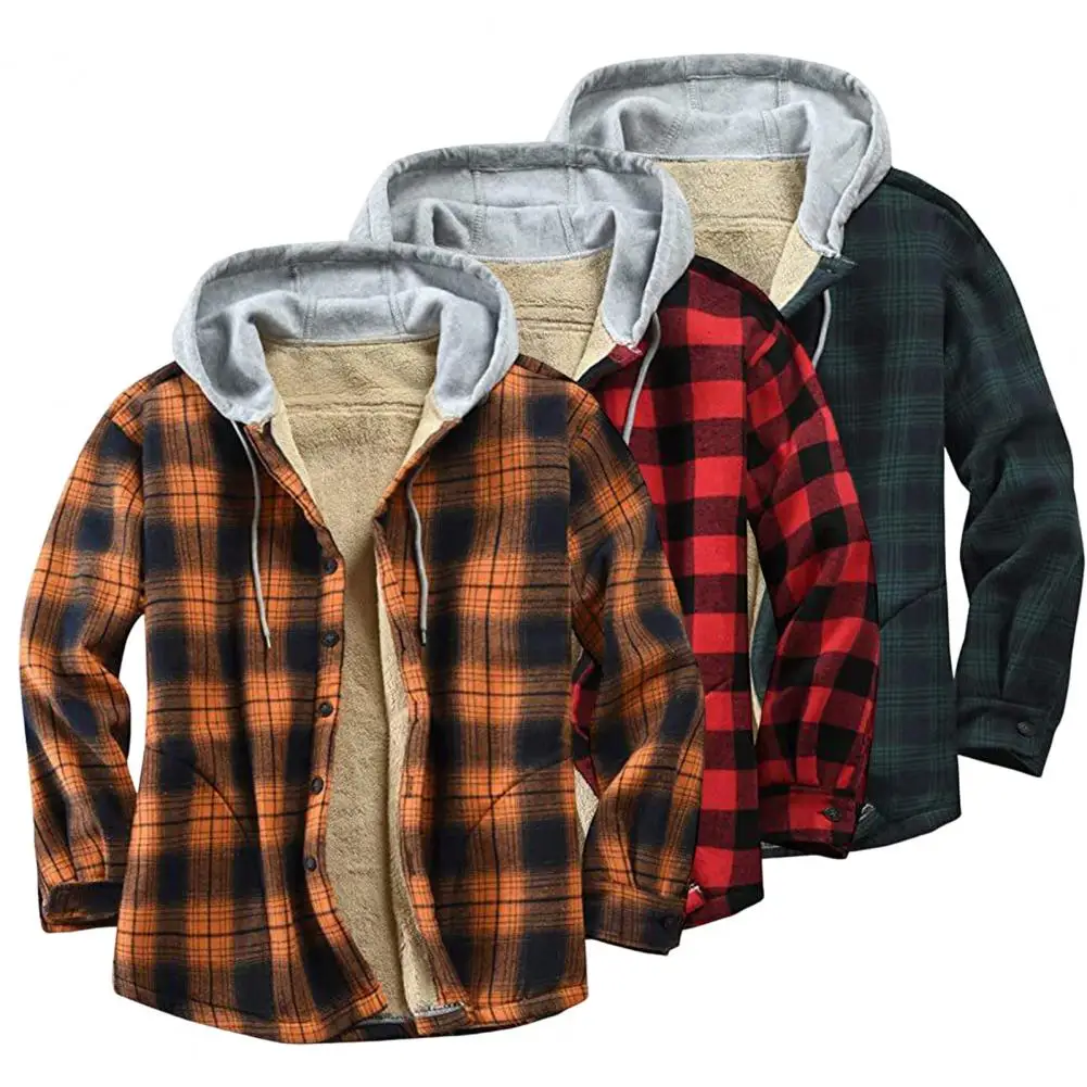 

Thicken Plush Lining Hoodie Jacket Winter Men Jacket Plaid Buttoned Coldproof Loose Plush Lining Hooded Jacket Outdoor Outwear