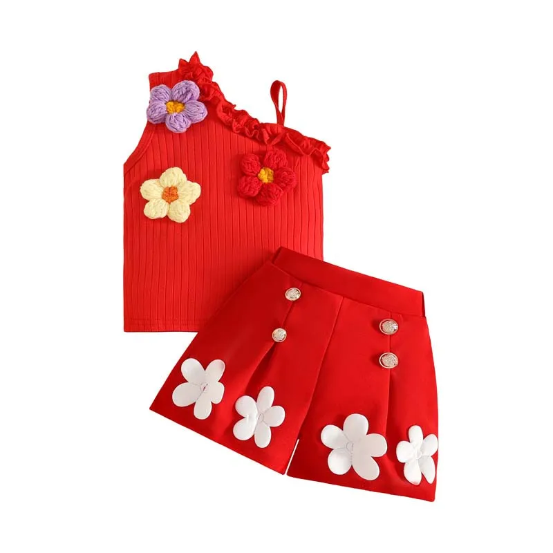 1-3 Years Baby Girl Clothing Outfits Summer Sleeveless Off-Shoulder Floral-Print Ribbed Top+Shorts Toddler Girl 2-Piece Set