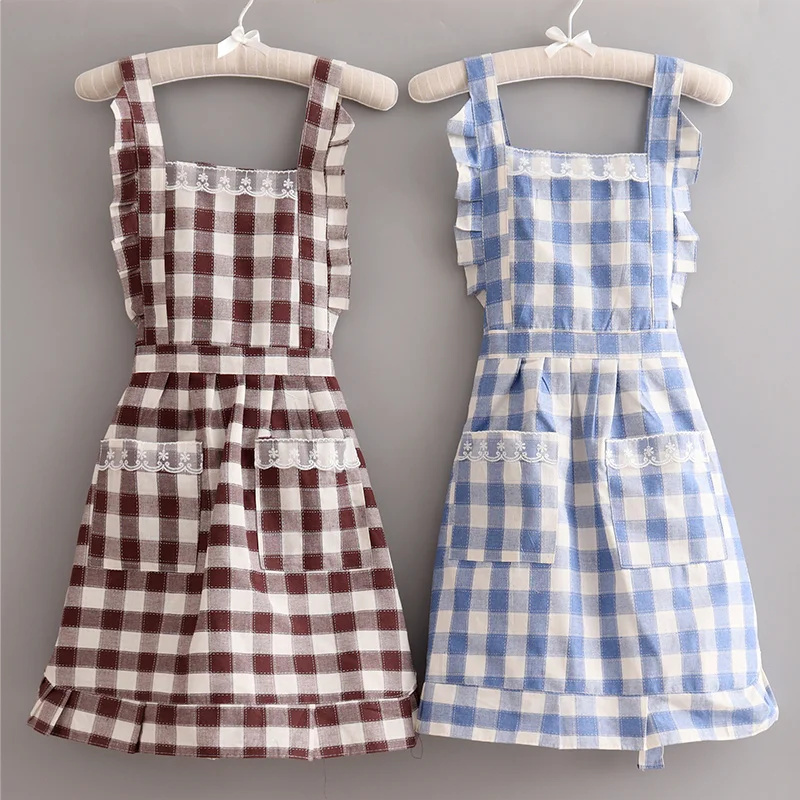 Fashion Breathable Waist Cute Plaid Home Apron Ladies Thin Princess Skirt Japanese Kitchen Work Clothes