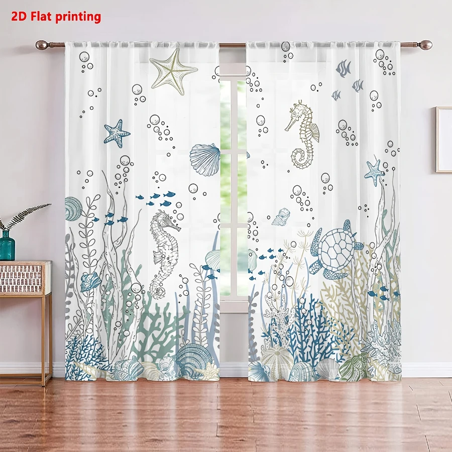 2PCS Digital Print Sheer Curtain, Simple Drawing Sea Creatures, Boho Chic Window Curtains for Living Room Bedroom Decor