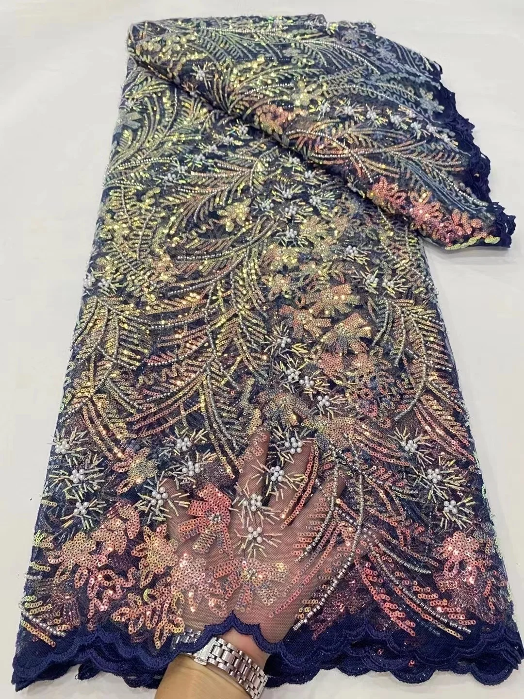 

African Sequins Lace Fabric 2024 High Quality Embroidery French Tulle Beaded Lace Nigerian Wedding Party Dress Sewing Material