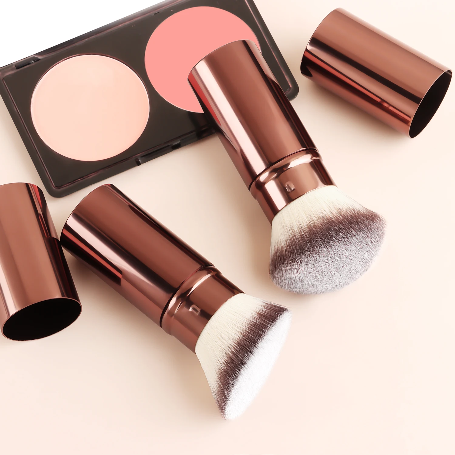 

2pcs Mini Portable Telescopic Makeup Brush Soft Hair powder blusher Slant head round Brush Thickened Aluminum Tube tools