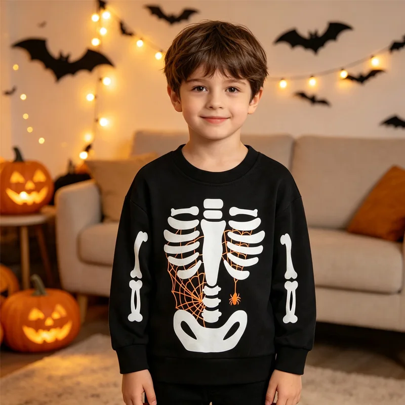 Little Hand Kids Glow In The Dark Skeleton Spider Web Sweatshirt Toddler Boys Girls Halloween Bone Long Sleeve Crew Neck Top