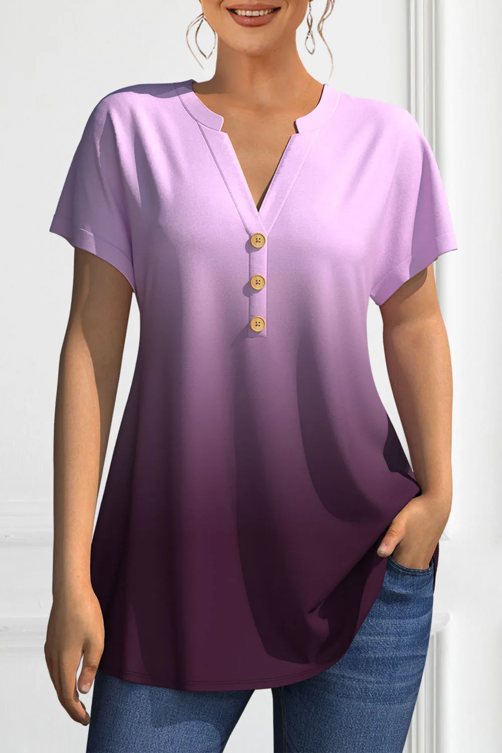 

Flycurvy Plus Size Women's Casual Purple Gradient Button Split Neck Blouse Short Sleeve Top