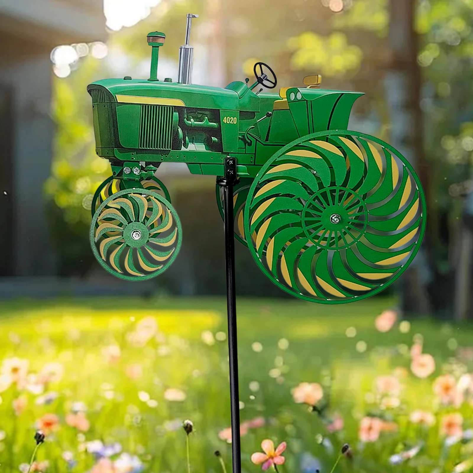 Tractor Wind Spinner Sculpture with Rotating Wheels Green Tractor Windmill Stake for Yard and Garden Gift for Family Or Friends
