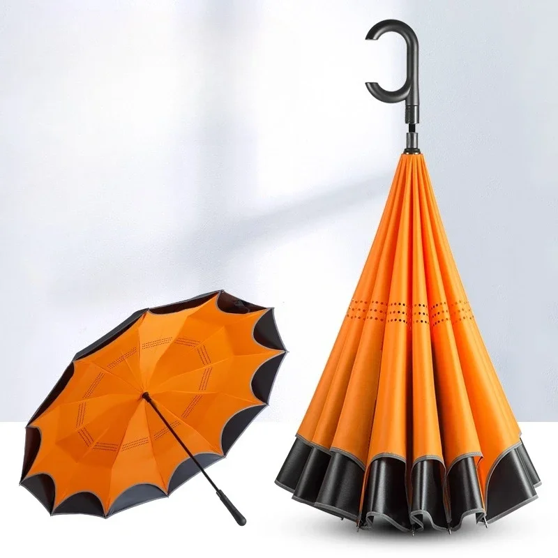24-Rib Heavy Duty Reverse Umbrella Black Vinyl Double Layer Windproof Auto Open Close UPF50+ Sun Rain Long Handle Use 역방향 장우산