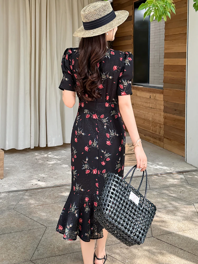 Feminino coreano vintage bodycon festival vestido de verão preto floral chique babados sereia vestido 2025 elegante luxo festa noite vestido